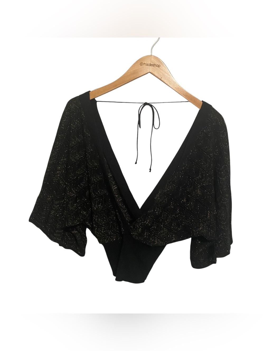 Forever 21 Y2k Black and Gold Metallic Knit Deep V Cinched Waist Top Size Large